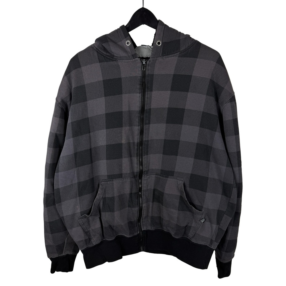 Vintage Y2K Sapphire Lounge Grunge Checkered Sherpa Lined Black Hoodie Size L